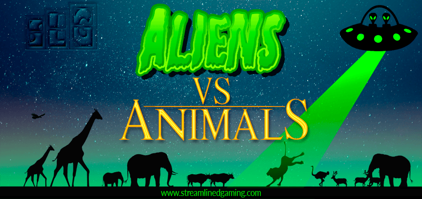 Aliens Versus Animals Banner Image Lion being abducted by Aliens while other animals watch