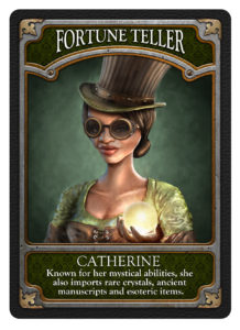 Art image called "Fortune Teller" by James Colmer from his game "Ravenwood". Green background with a woman in green clothes wearing a hat and steampunk glasses