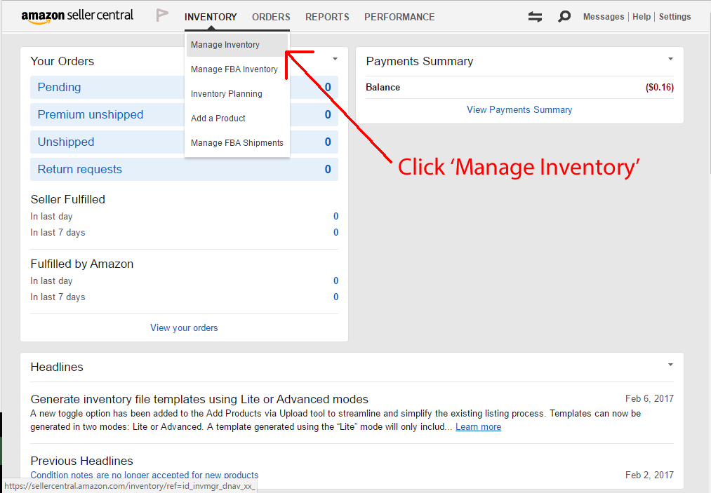 Screenshot of Amazon Services page with a red arrow pointing to 'Manage Inventory'