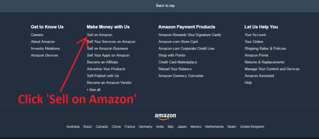 screenshot of Amazon home page Footer with an arrow pointing at the word 'Sell' with text saying to "Click Sell on Amazon"