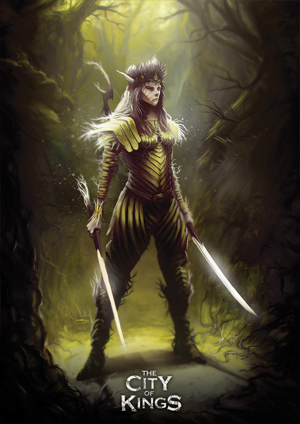 Female character with yellow leather armor and two swords from The City of Kings tabletop game