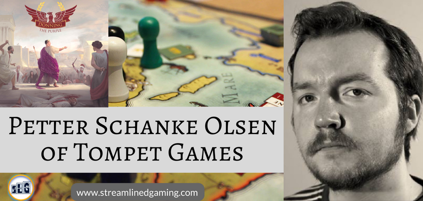 Game Designer Petter Schanke Olsen black and white picture in the right hand section of the image. With Streamlined Gaming's logo and url in the bottom. An Image of Petter's game called Donning the Purple in the background with the image of his board game box in the far left