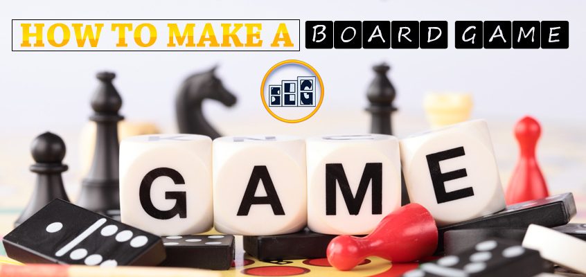 Text at the top saying "how to make a board game" with the Streamlined Gaming logo in the middle. Board game pieces are in the background of the image