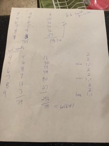 A sheet of white printing paper with handwritten numbers on it. Used for balancing my new Memaws Monsters Tower Defense Game by Calvin Keene